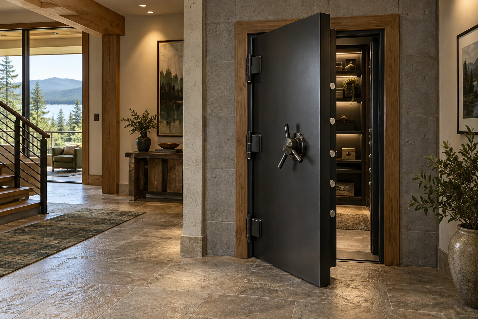 Architectural concept of a graphite vault door in a warm timber and stone residential interior